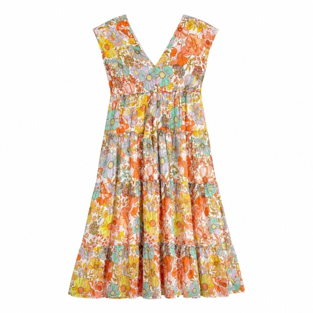Anthropologie Ethereal Floral Tier Maxi Dress Size 3X Orange Blue Retro Inspired
